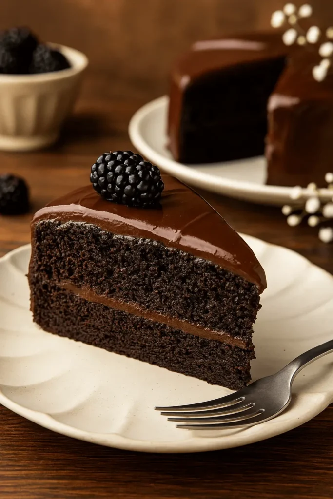 A slice of Chocolate Ganache Cake topped with a fresh blackberry, served on a cream-colored plate with a fork.