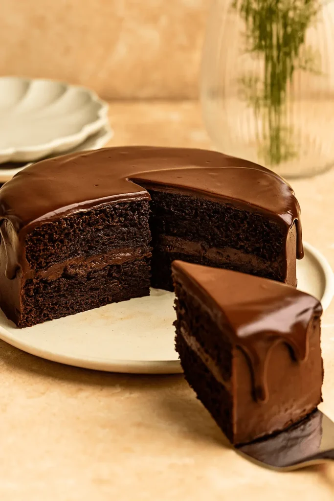 A full Chocolate Ganache Cake with one slice being served, showing rich layers and glossy ganache.