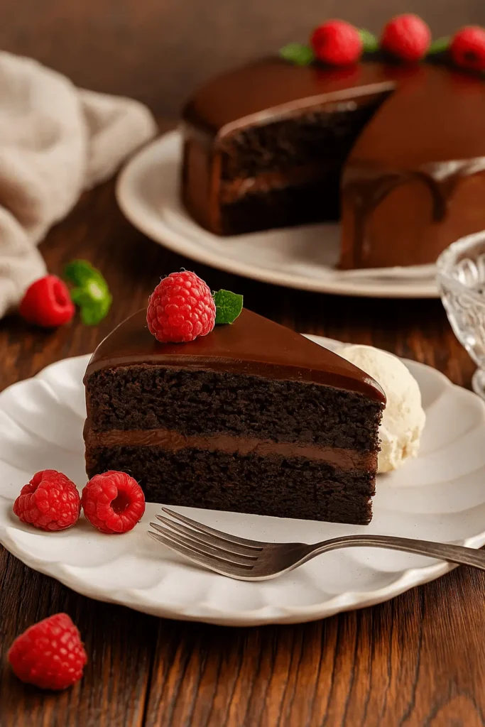 A slice of Chocolate Ganache Cake topped with fresh raspberries and served with a scoop of vanilla ice cream.