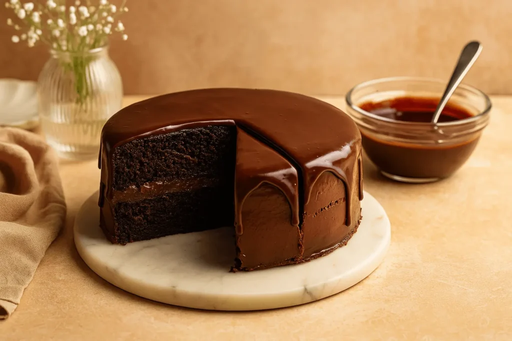 Chocolate Ganache Cake with a glossy chocolate glaze, sliced and served on a marble platter.