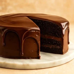A full Chocolate Ganache Cake with one slice missing, showing rich layers and smooth ganache dripping over the sides.