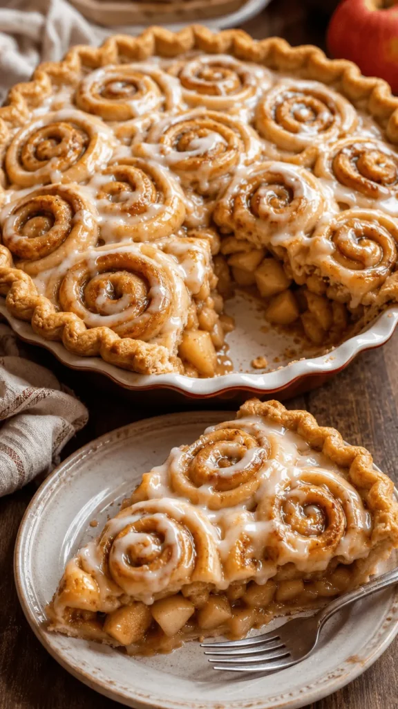 Cinnamon Roll Apple Pie with glazed cinnamon swirls, tender apple filling, and a plated slice served beside the partially cut pie.