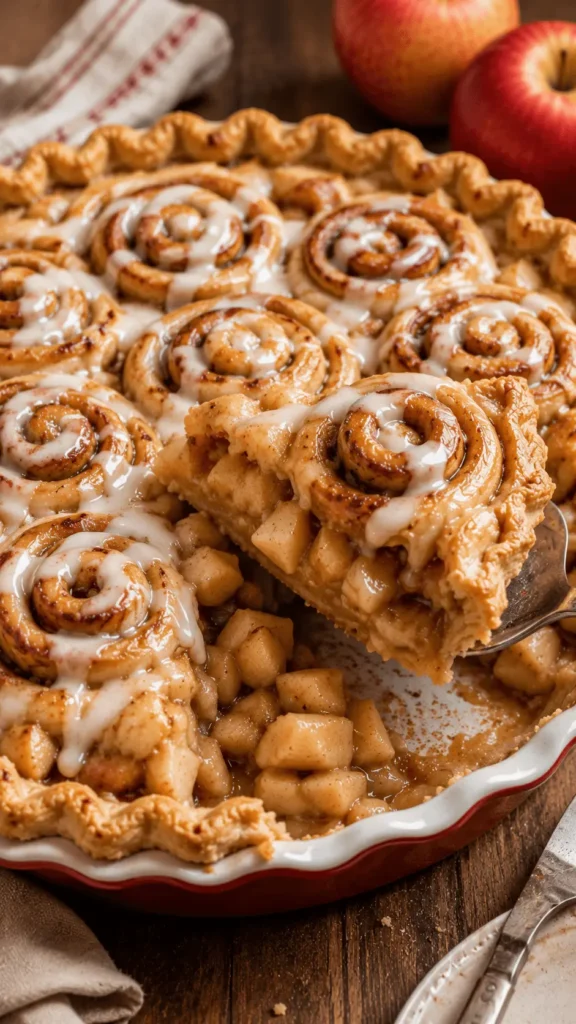 Cinnamon Roll Apple Pie with glazed cinnamon swirls, chunky apple filling, and a freshly lifted slice on a pie server.