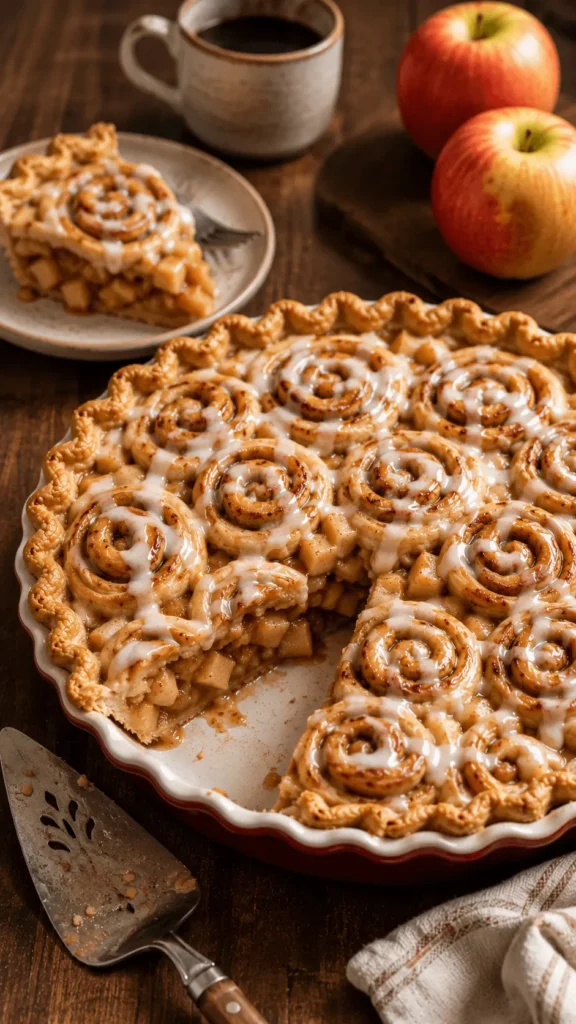 Cinnamon Roll Apple Pie with glazed cinnamon swirls, visible apple filling, a missing slice, and one serving plated beside coffee and fresh apples.