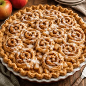 Cinnamon Roll Apple Pie topped with golden cinnamon swirls, white icing, and visible cinnamon-spiced apple filling in a fluted pie dish.