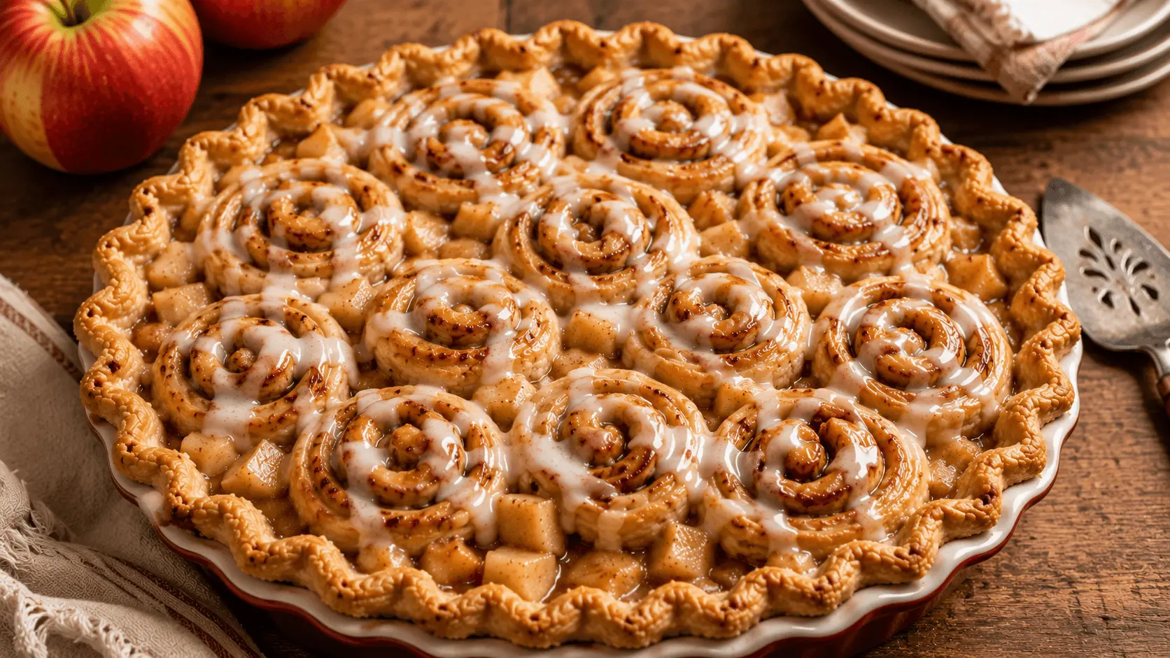 Cinnamon Roll Apple Pie with golden cinnamon roll spirals, tender apple filling, and white icing in a fluted pie dish.