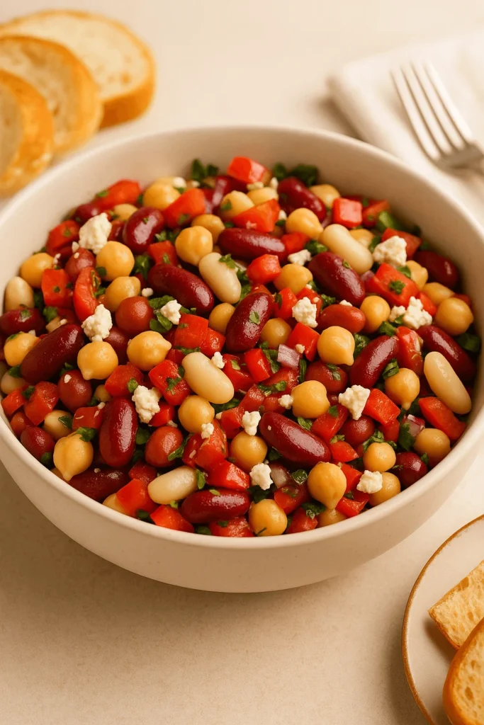 A bowl of dense bean salad with kidney beans, chickpeas, cannellini beans, red bell peppers, and feta, served with slices of bread on a neutral background.