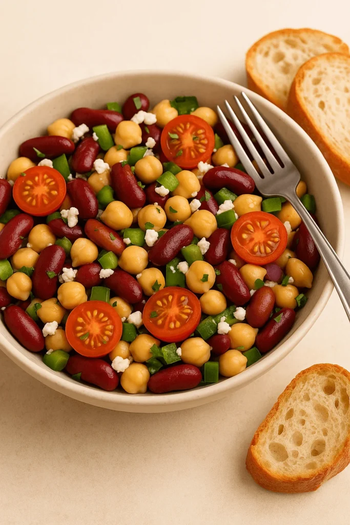 A bowl of dense bean salad with kidney beans, chickpeas, cherry tomatoes, green bell peppers, and crumbled feta, served with crusty bread and a fork.