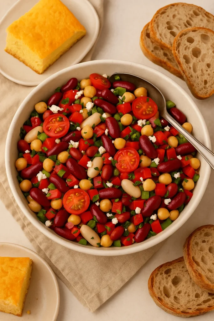 A serving bowl filled with dense bean salad made of kidney beans, chickpeas, cherry tomatoes, bell peppers, and feta, placed beside cornbread and sliced bread.