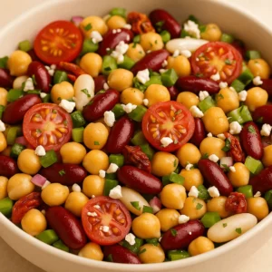 A bowl of dense bean salad with chickpeas, kidney beans, cherry tomatoes, bell peppers, sun-dried tomatoes, and crumbled feta.