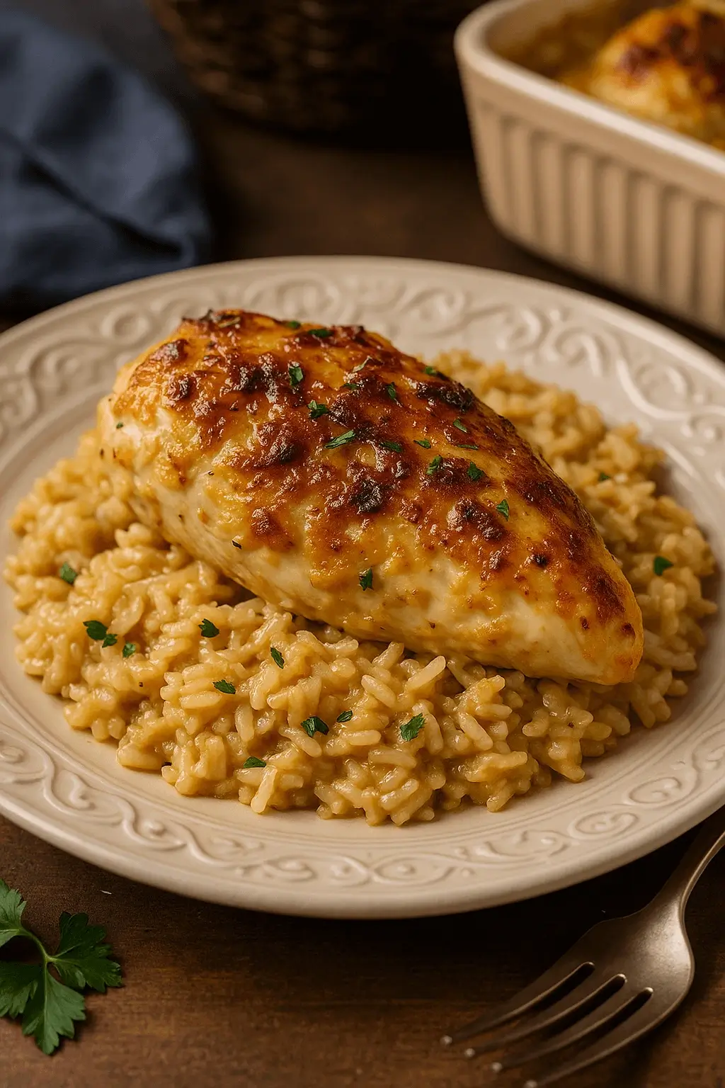 Plated serving of Forgotten Chicken Recipe with creamy rice and baked chicken breast garnished with parsley.