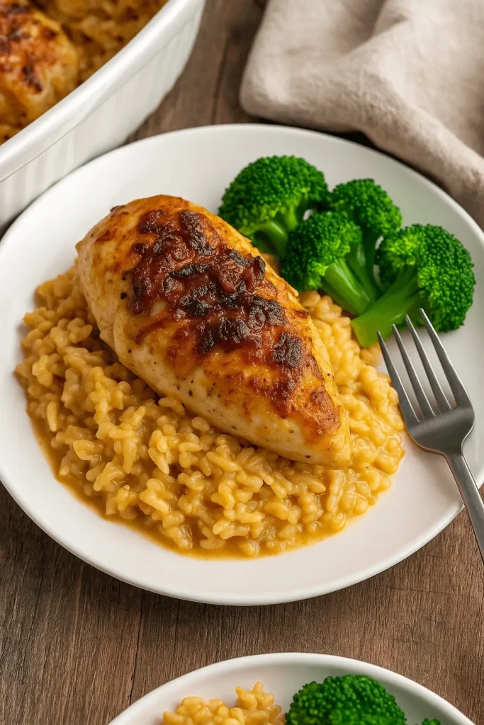 Plate of Forgotten Chicken Recipe served with creamy rice and steamed broccoli.
