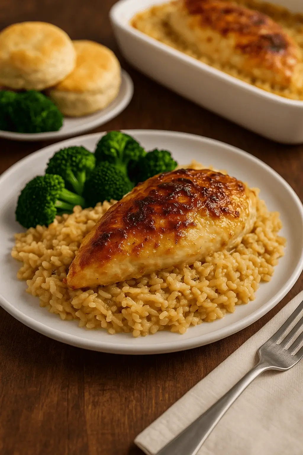 A plated serving of Forgotten Chicken Recipe with creamy rice and broccoli, with biscuits in the background.