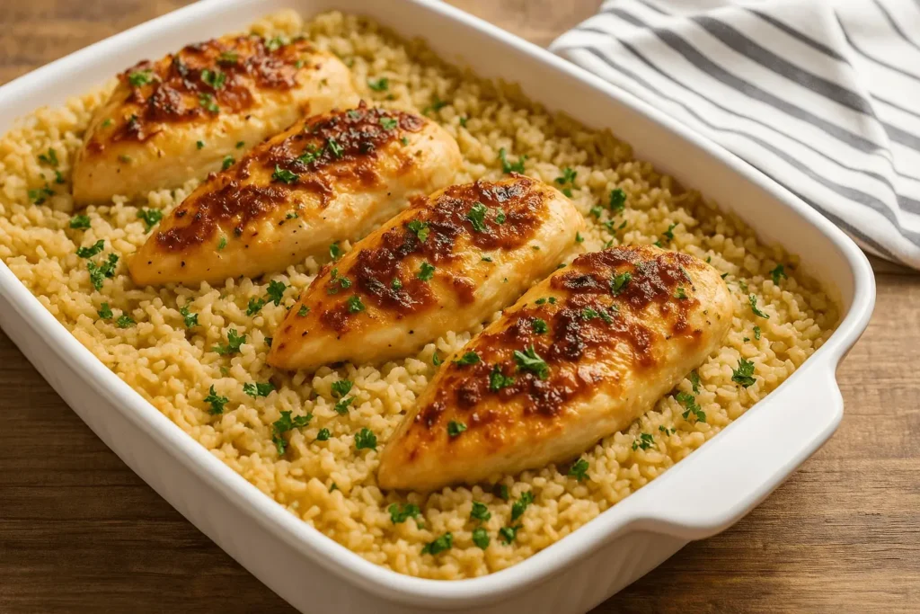 Freshly baked Forgotten Chicken Recipe in a white casserole dish with golden chicken breasts over creamy rice, garnished with parsley.