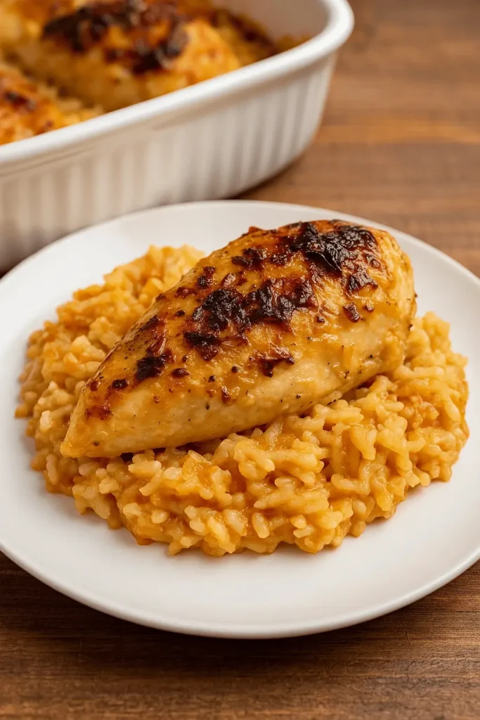 A close-up of the Forgotten Chicken Recipe featuring golden baked chicken breast on a bed of creamy rice.