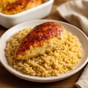 A serving of Forgotten Chicken Recipe with baked chicken breast and creamy rice on a white plate.