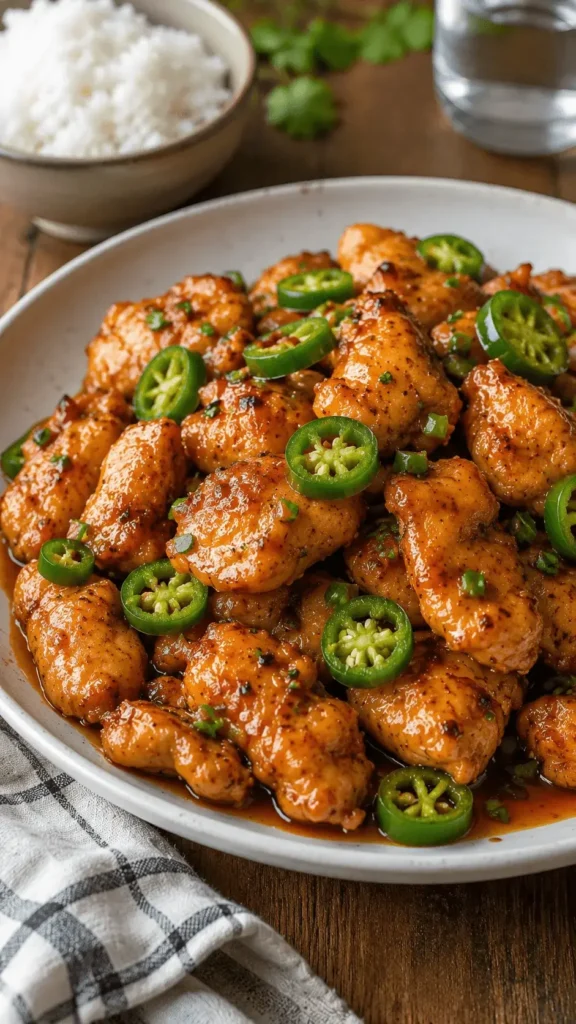 Jalapeno Chicken coated in a glossy savory sauce, topped with fresh jalapeño slices, and served beside a bowl of white rice.