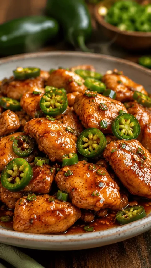 Jalapeno Chicken coated in a glossy savory sauce and topped with sliced green jalapeños on a ceramic plate.