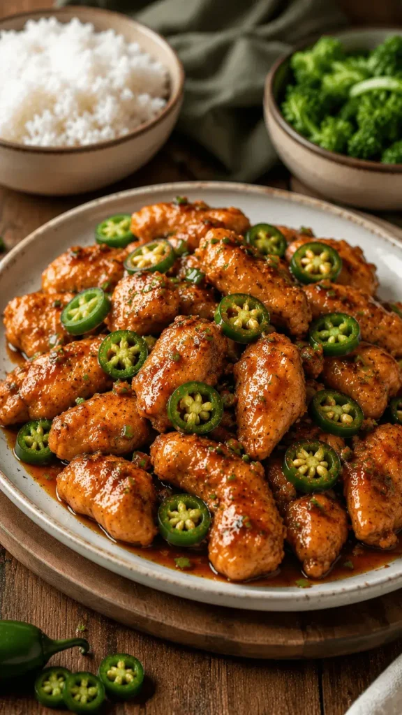 Jalapeno Chicken coated in a glossy savory sauce and topped with sliced jalapeños, served with rice and broccoli.