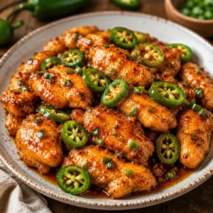 Jalapeno Chicken coated in a glossy savory sauce and topped with fresh jalapeño slices on a rustic ceramic plate.