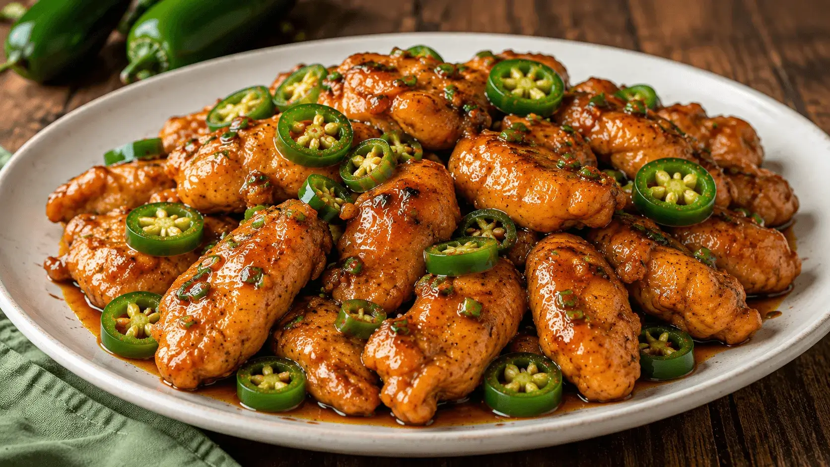 Jalapeno Chicken glazed in a savory sauce and topped with fresh jalapeño slices on a white serving platter.