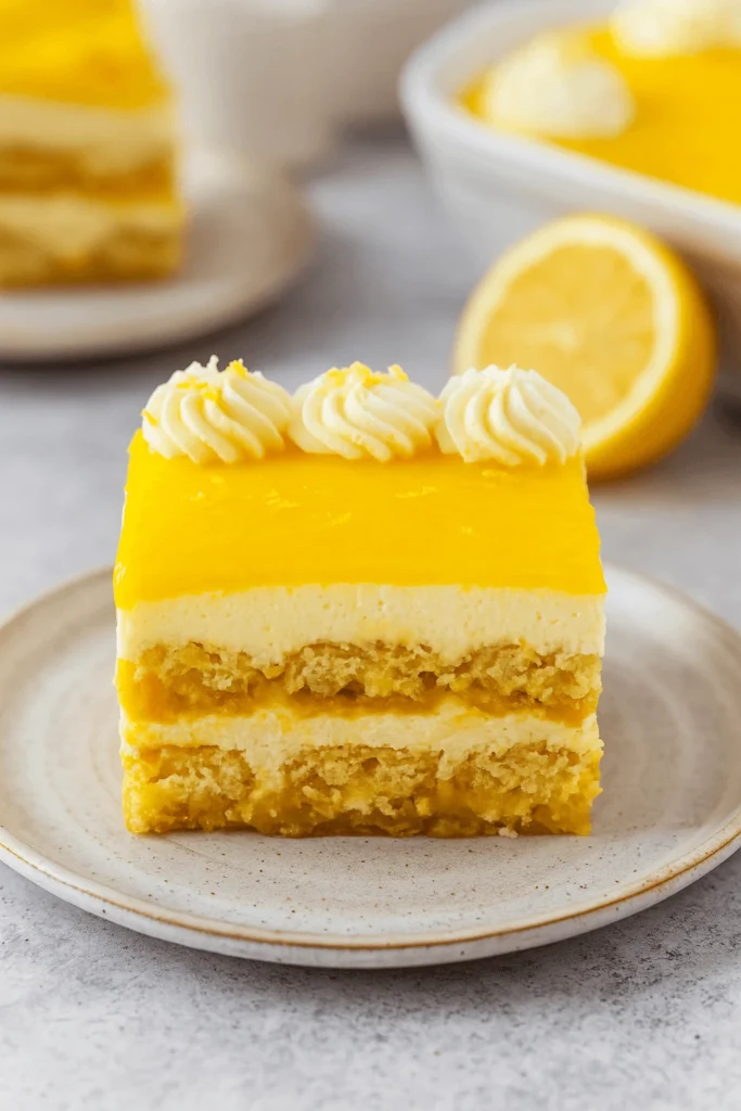 A bright slice of Limoncello Tiramisu with layers of mascarpone cream and lemon curd, topped with piped cream.