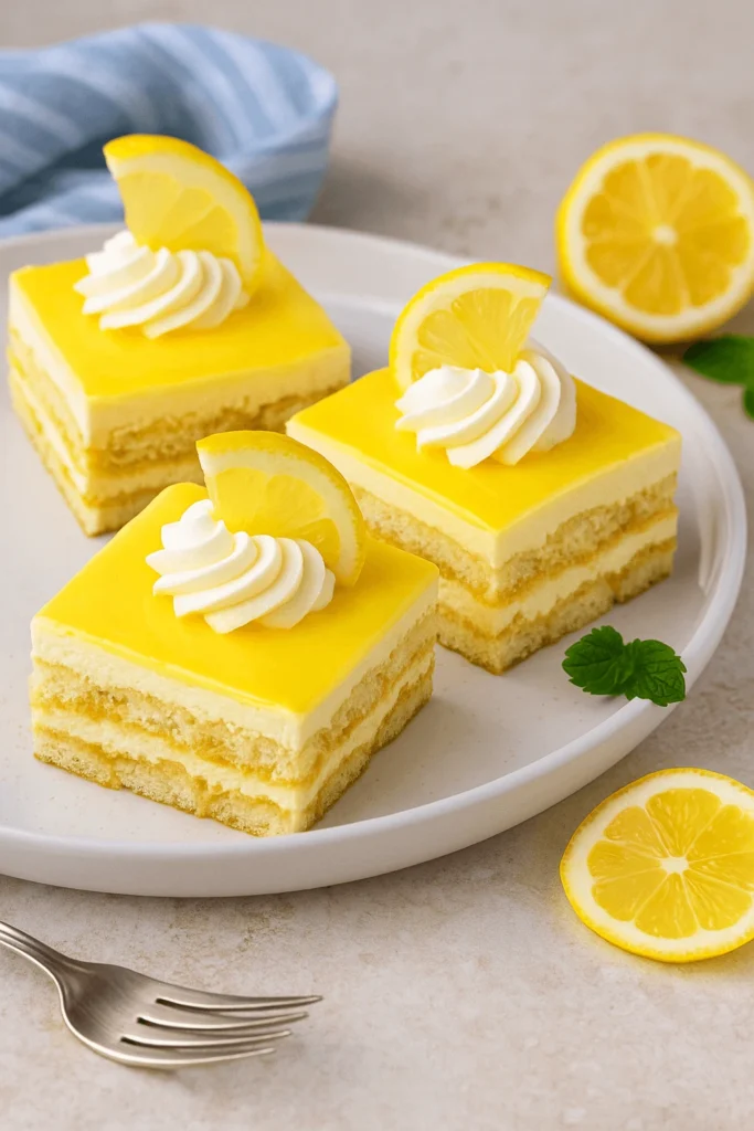 Three elegant squares of Limoncello Tiramisu topped with piped cream and lemon slices, arranged on a white plate.