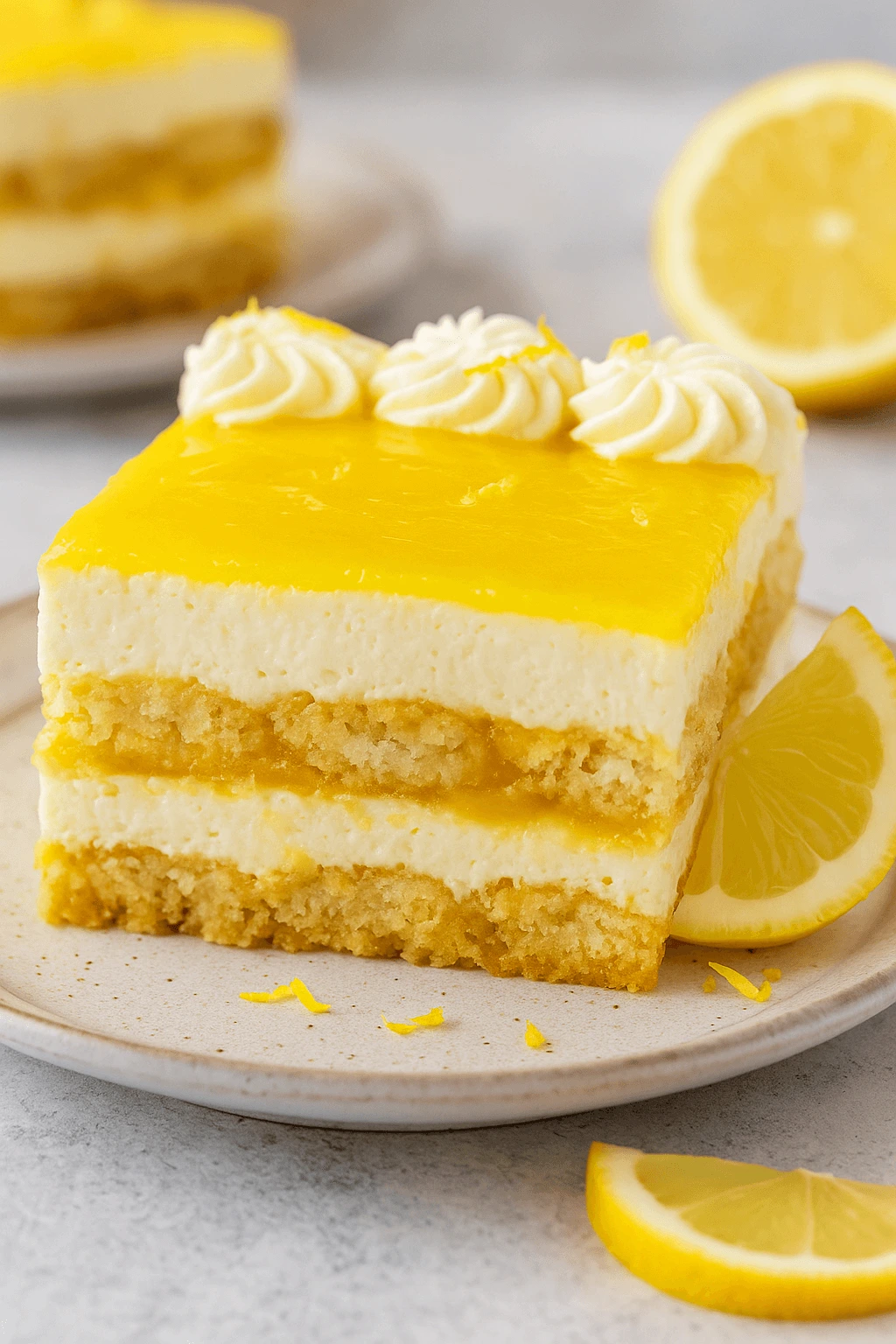 Close-up of a slice of Limoncello Tiramisu layered with mascarpone and lemon-soaked ladyfingers.