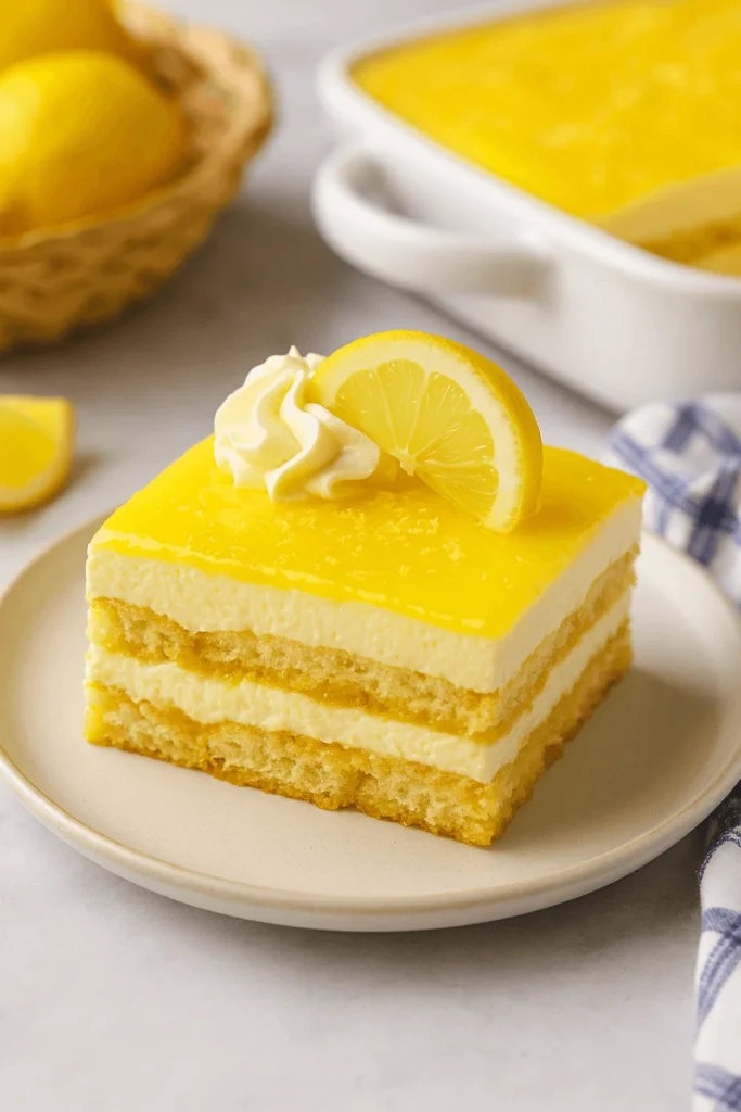 Slice of Limoncello Tiramisu garnished with lemon and cream on a neutral plate.