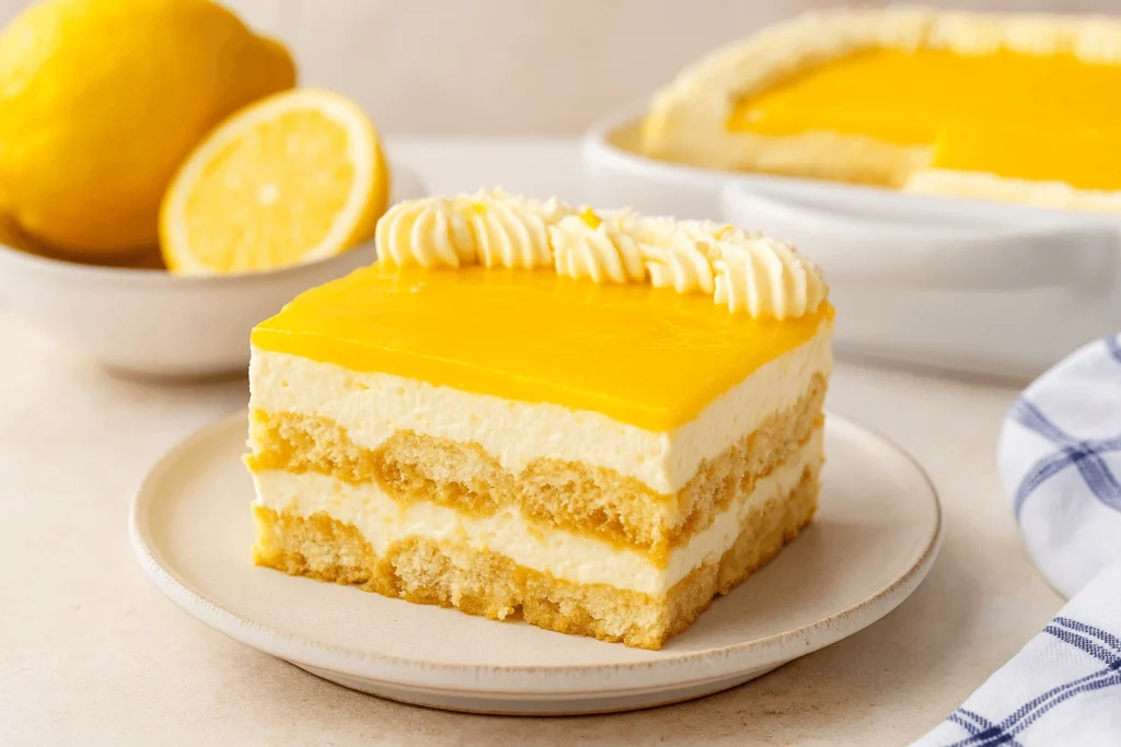 A slice of creamy Limoncello Tiramisu with lemon curd topping and piped cream, served on a neutral plate.