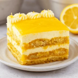 Close-up of a layered Limoncello Tiramisu slice on a plate.
