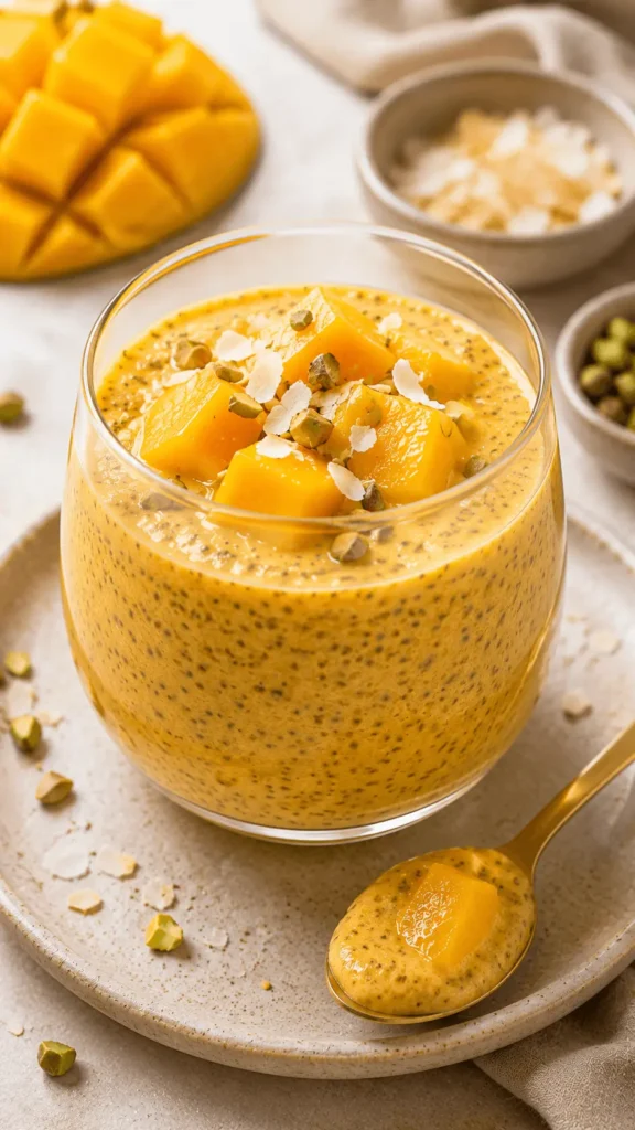 Mango chia seed pudding in a glass topped with fresh mango cubes, coconut flakes, and chopped pistachios, with a spoonful beside it.