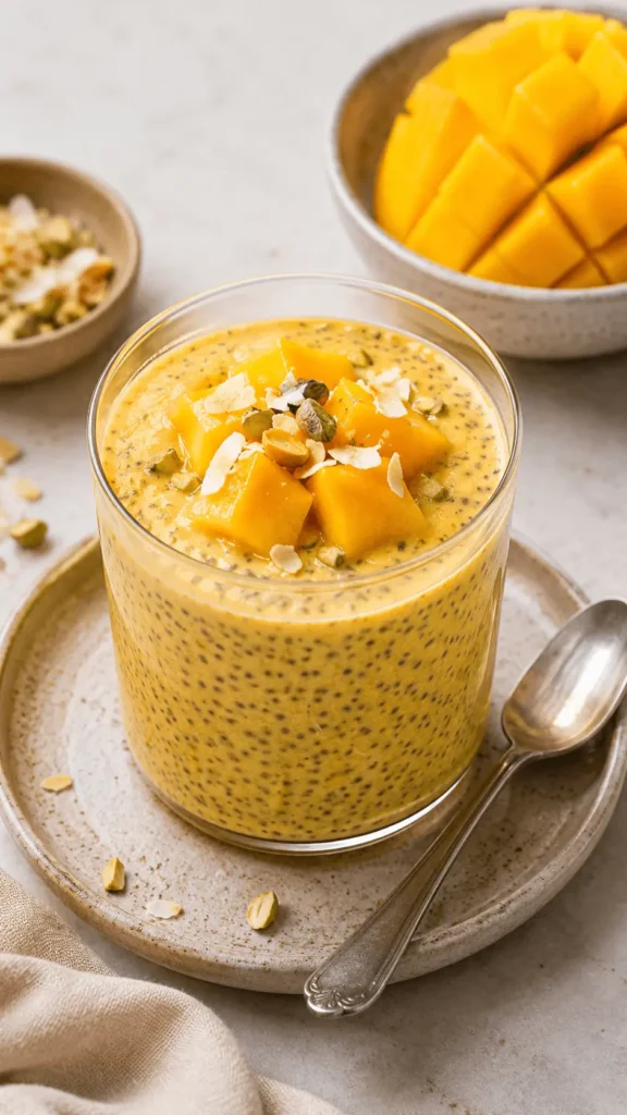 Mango chia seed pudding in a clear glass topped with fresh mango cubes, coconut flakes, and chopped pistachios beside a spoon.