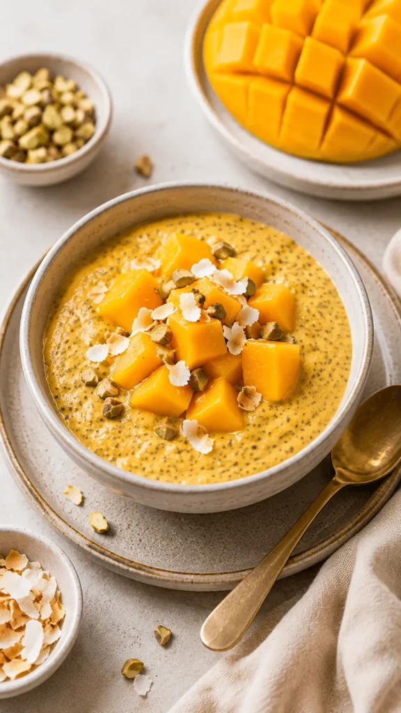Mango chia seed pudding served in a ceramic bowl with fresh mango cubes, coconut flakes, and chopped pistachios.