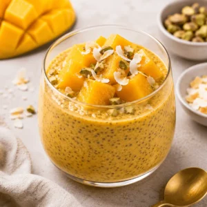 Mango chia seed pudding in a clear glass topped with fresh mango cubes, coconut flakes, and chopped pistachios.