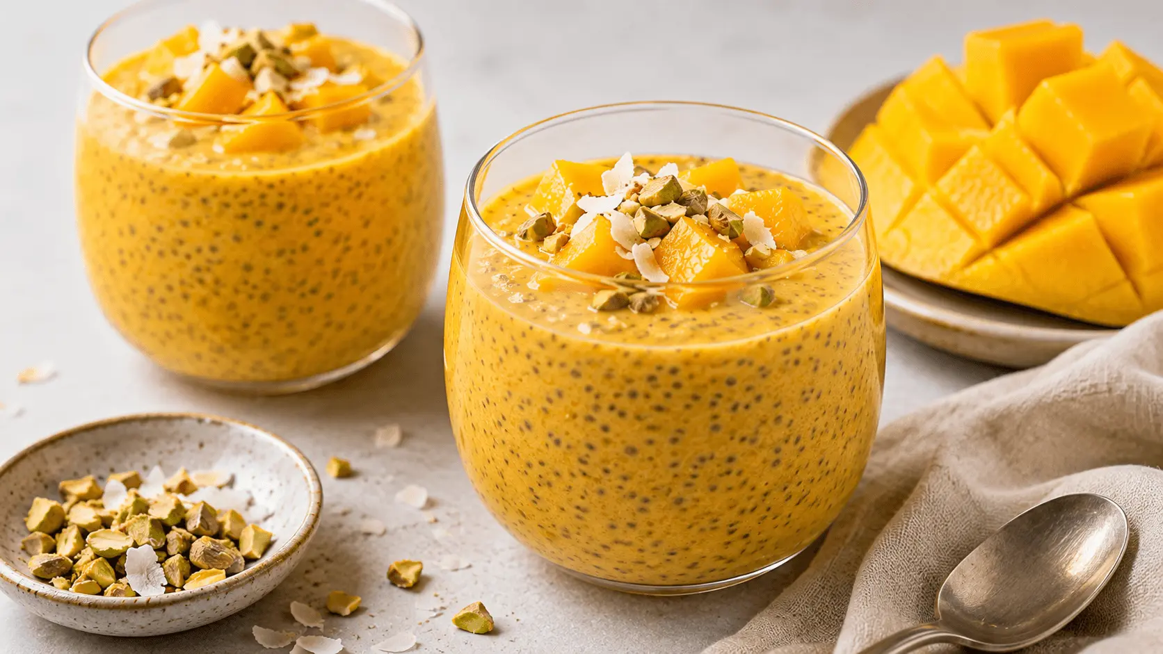 Mango chia seed pudding in glass cups topped with fresh mango, coconut flakes, and chopped pistachios.