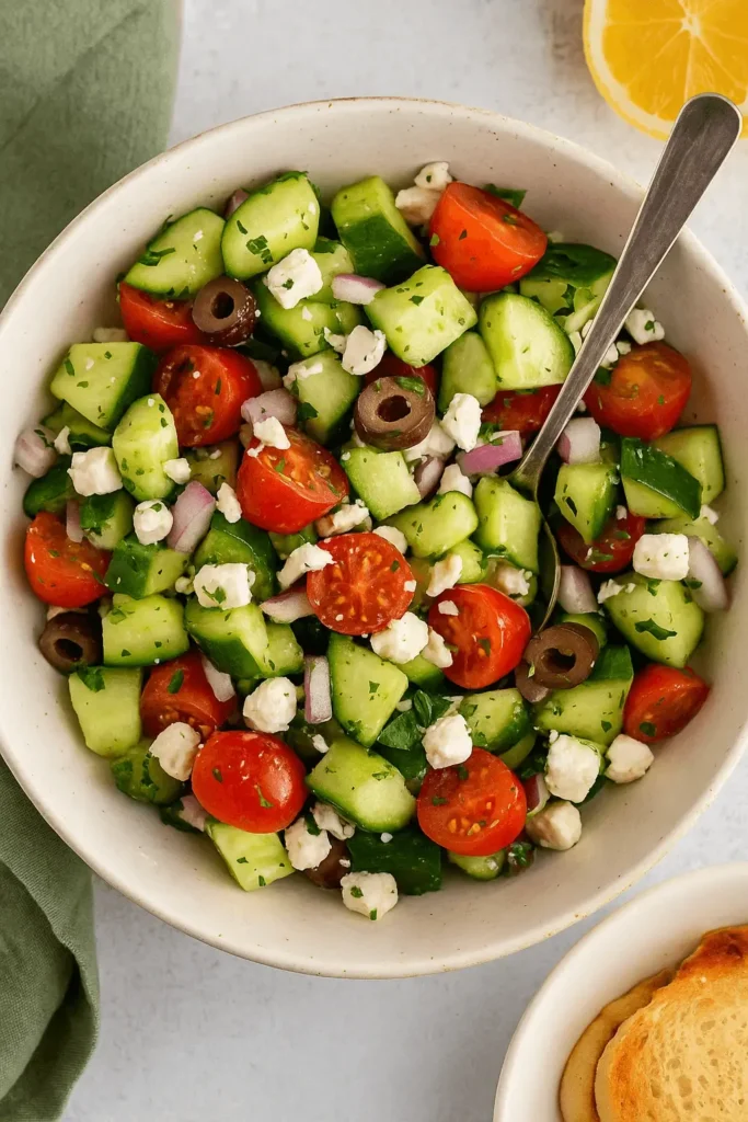 Overhead view of a bowl of Mediterranean cucumber salad with tomatoes, olives, feta, and herbs.