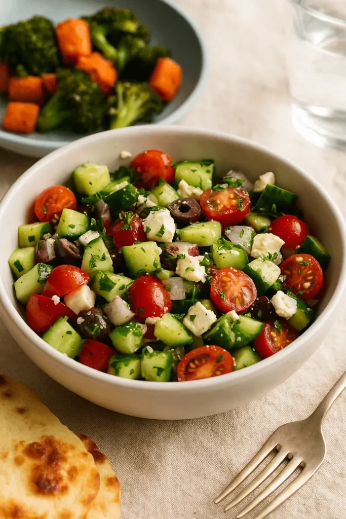 Mediterranean cucumber salad in a white bowl with cherry tomatoes, olives, feta, and pita bread on the side.