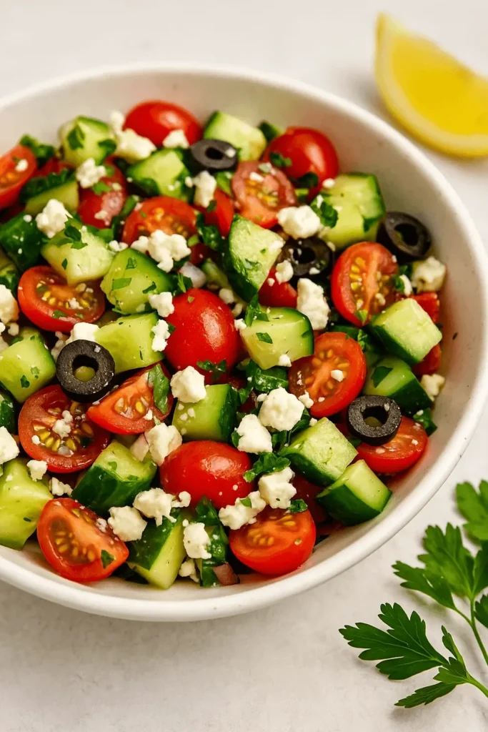 A close-up of Mediterranean cucumber salad with cherry tomatoes, olives, feta, and fresh parsley in a white bowl.