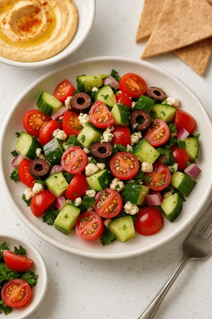 A plate of Mediterranean cucumber salad with cherry tomatoes, cucumbers, olives, feta, and parsley, served with hummus and pita.
