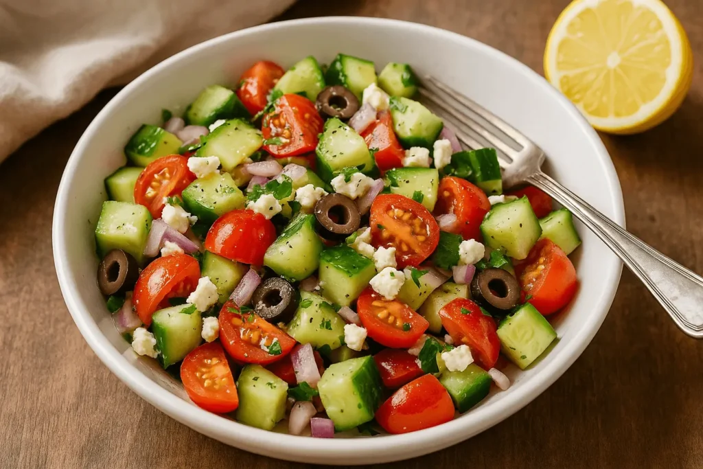 A bowl of Mediterranean cucumber salad with cherry tomatoes, olives, feta, and red onions on a wooden surface.