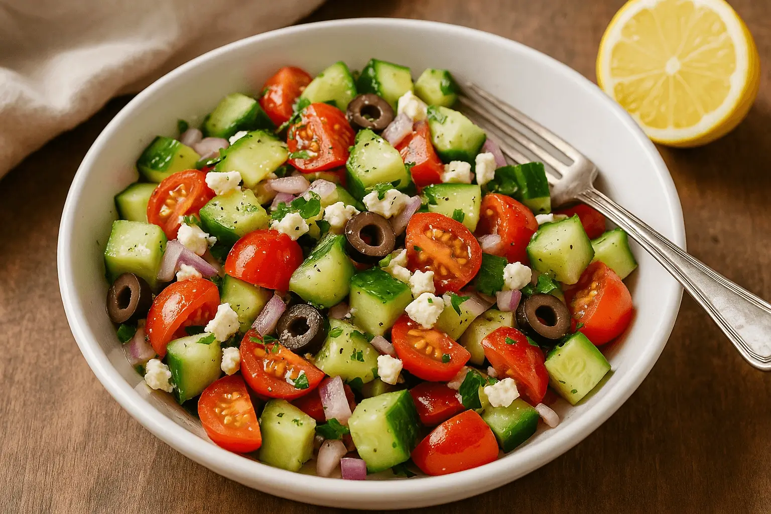 A bowl of Mediterranean cucumber salad with cherry tomatoes, olives, feta, and red onions on a wooden surface.