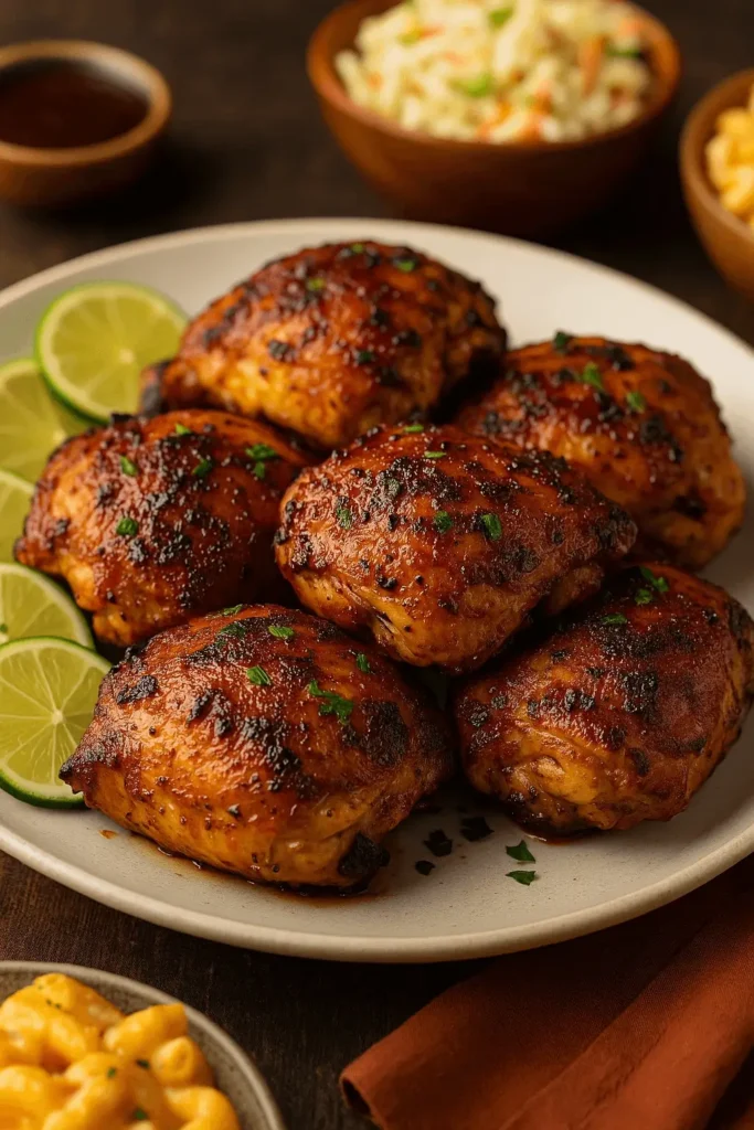 Pellet grill recipe with smoky chicken thighs served with lime, mac and cheese, and coleslaw.