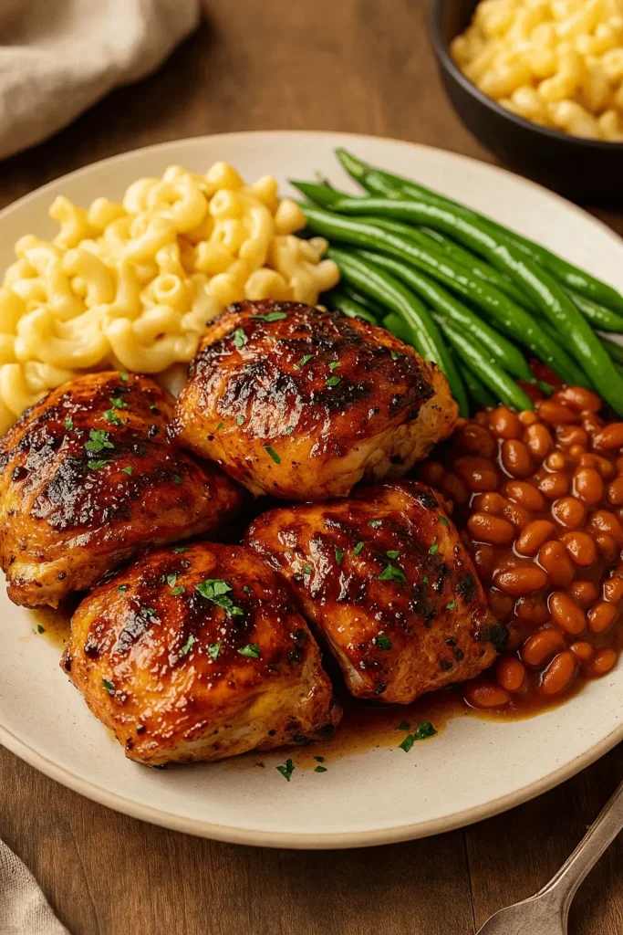 Pellet grill recipe served with chicken thighs, green beans, baked beans, and macaroni on a dinner plate.