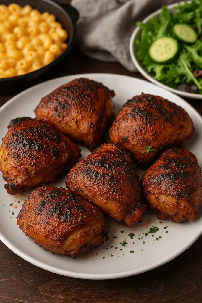 Six grilled chicken thighs on a white plate, part of a pellet grill recipe.