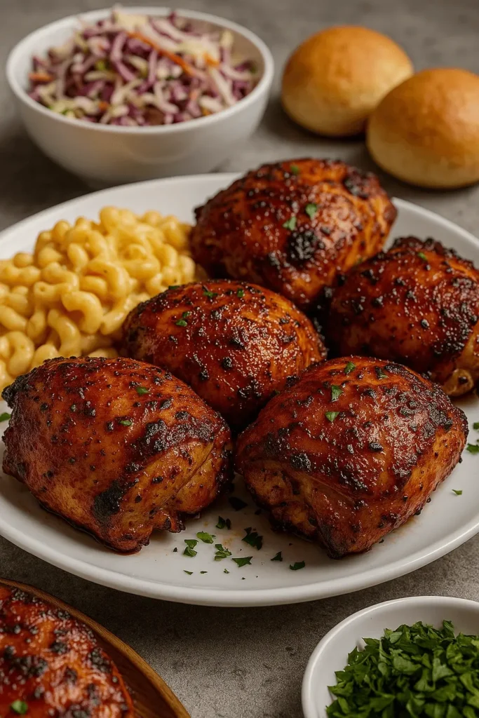 Plate of grilled chicken thighs served with mac and cheese, part of a pellet grill recipe meal.