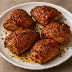 Five smoked chicken thighs on a white plate, made using a pellet grill recipe.