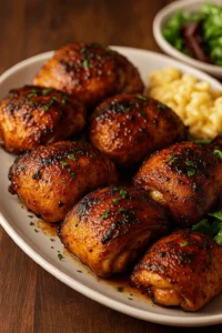 Juicy grilled chicken thighs served on a plate with mac and cheese and greens, made with a pellet grill recipe.