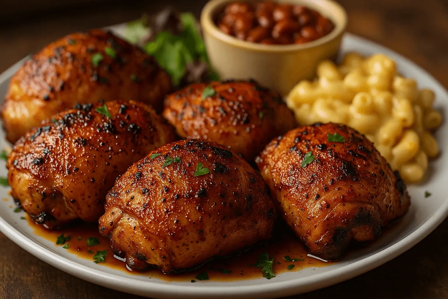 Juicy chicken thighs served with macaroni and beans from a pellet grill recipe.