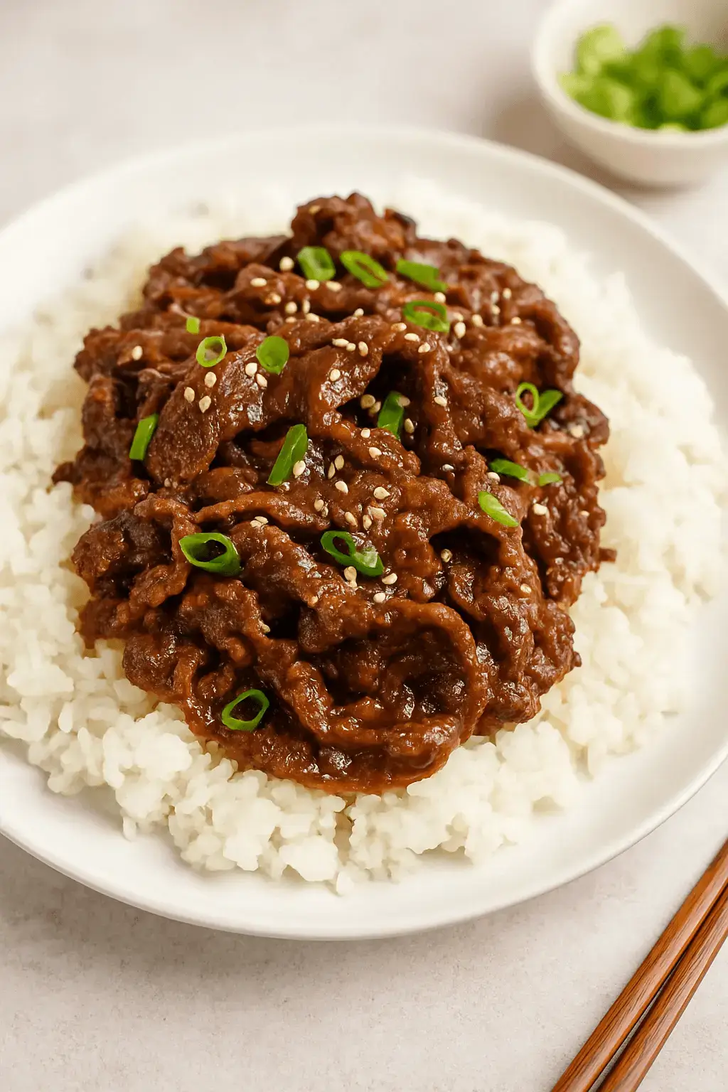 A generous serving of shaved beef recipe on a bed of white rice, garnished with sliced green onions and sesame seeds.